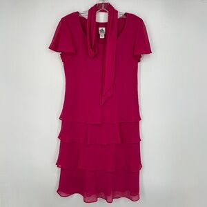 DB Collection Womens Size 10 Tiered Dress Fuchsia Pink Sheer Crinkle Short Slv